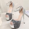 Fashion Women's Luxury Shoes Stage Perform Club Summer Women Pumps Sequin Cloth Shiny Models Catwalk Shoes 14CM Platform High Sandals