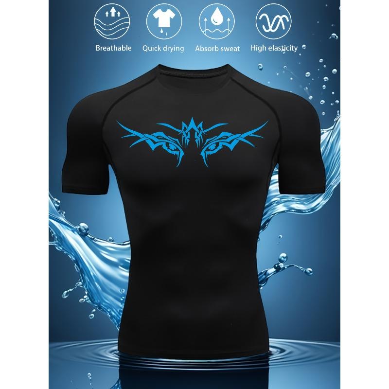 Men's Black Compression T-Shirt with Blue Tribal Geometric Print, Breathable Quick Drying Absorbent High Elasticity Gym Workout & Sports Training Top
