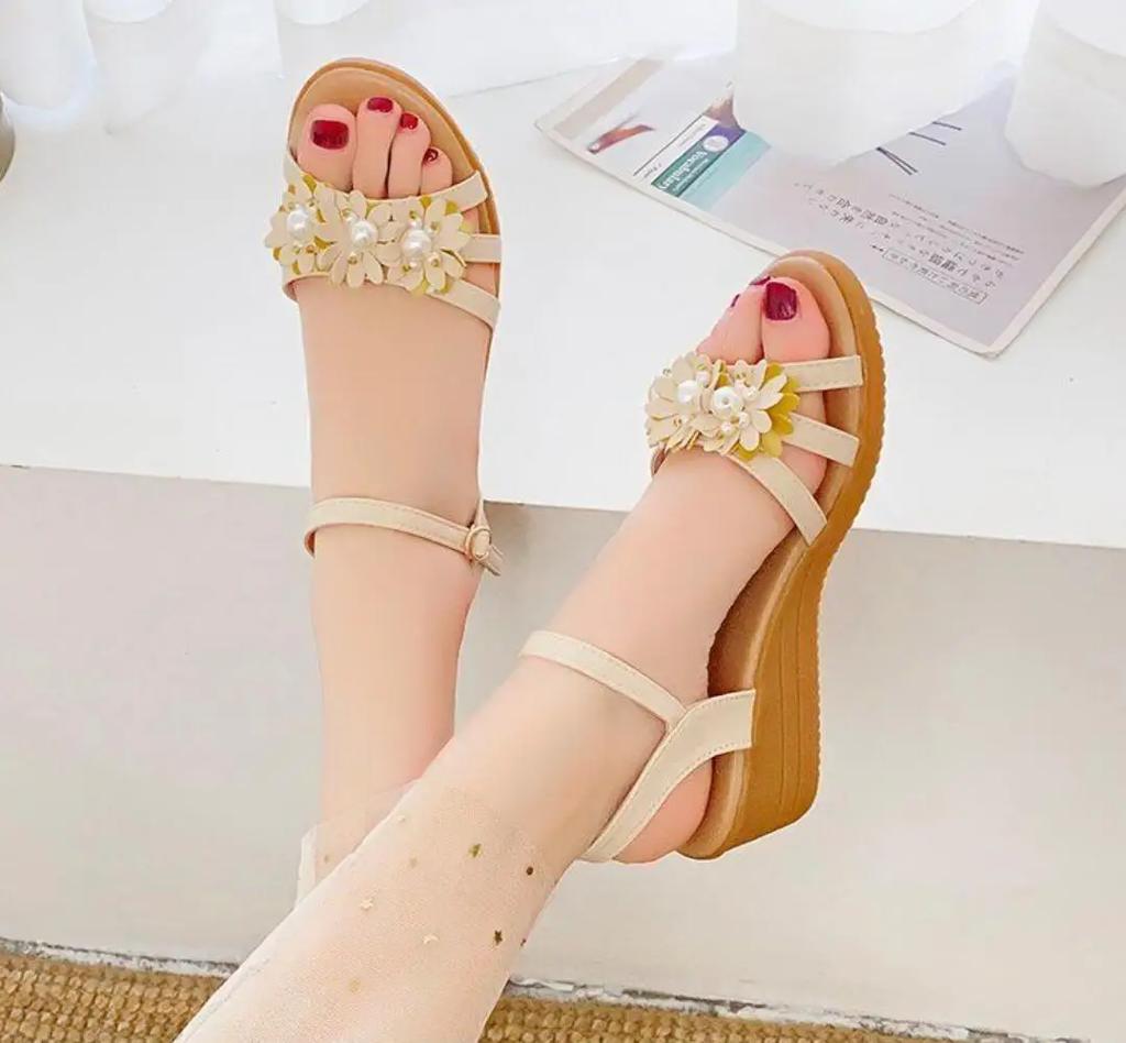 Wedges Heel Buckles Sandals for Women Ladies Shoes Summer 2025 Platform One Word Open Toe High Heels Footwear Pearl Asian Size F