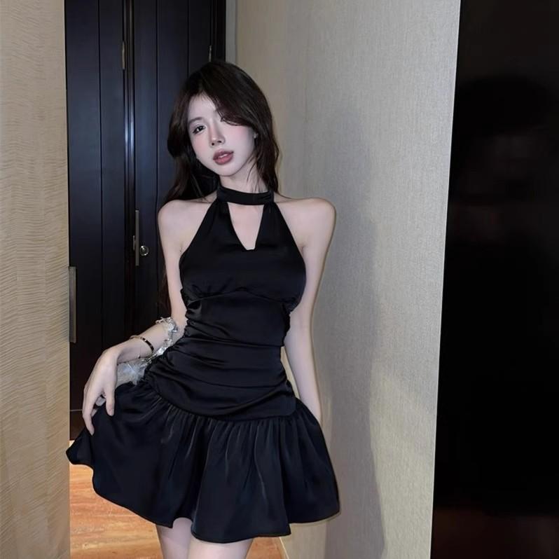 Sexy Pure Desire Black Sleeveless Neck Dress Children's Summer Waist Temperament Design Sense Niche Thin Skirt