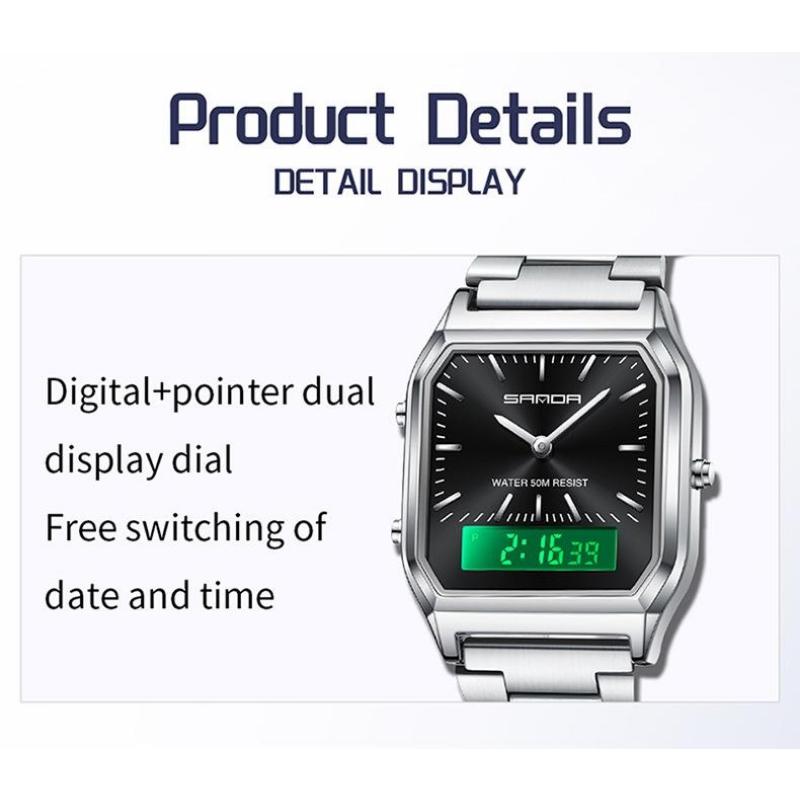 SANDA Neutral Dual Display Clock Waterproof Sports Quartz Watch Luxury Women's Stainless Steel Digital Electronic Watch