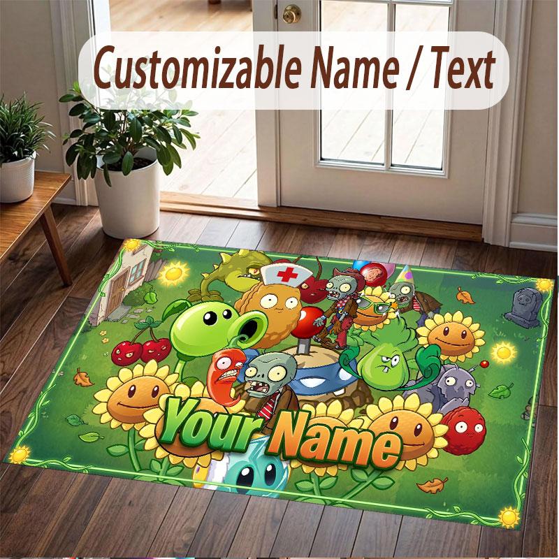 Tappeto in Cristallo Velluto con Testo Nome Personalizzato, Piante contro. Tappeto Decorativo Morbido Peluche Antiscivolo a Tema Zombie