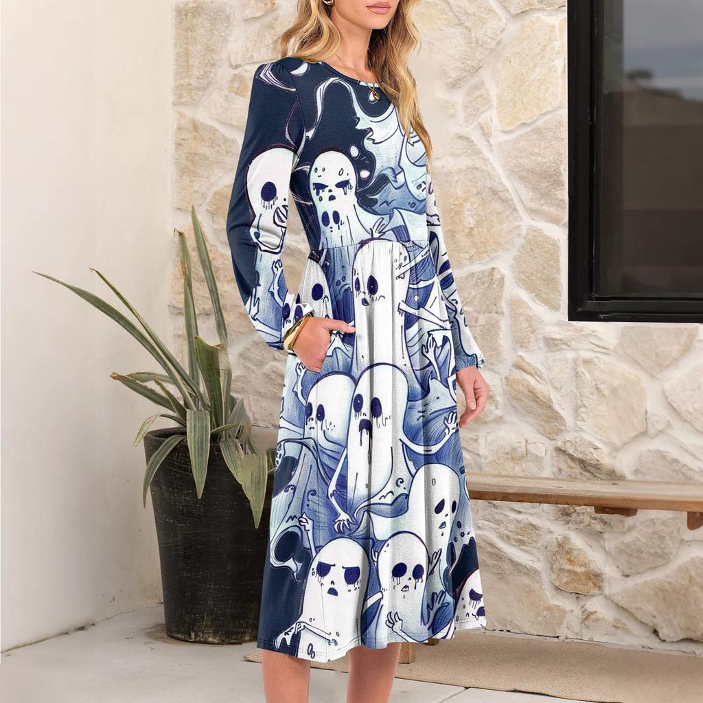 Women's Fashionable Loose Halloween Printed Round-neck Dress