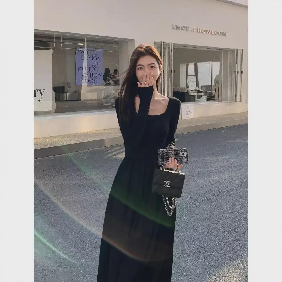 2024 Women's French Square Neck Long Sleeve A-Line Dress - Spring/Autumn Waist-Slimming Maxi