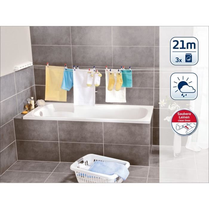 Séchoir mural Leifheit Rollfix 210 Longline 83040, étendoir mural dépliable avec 5 fils de 4,20m, pour intérieur et extérieur, blanc