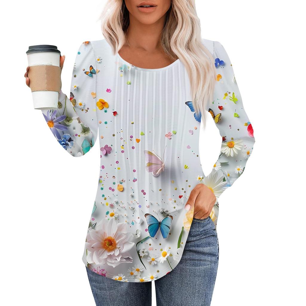 Long Sleeve Shirts For Women Tops Dressy Casual Blouses Pleated Scooped Neck Tunic Tops