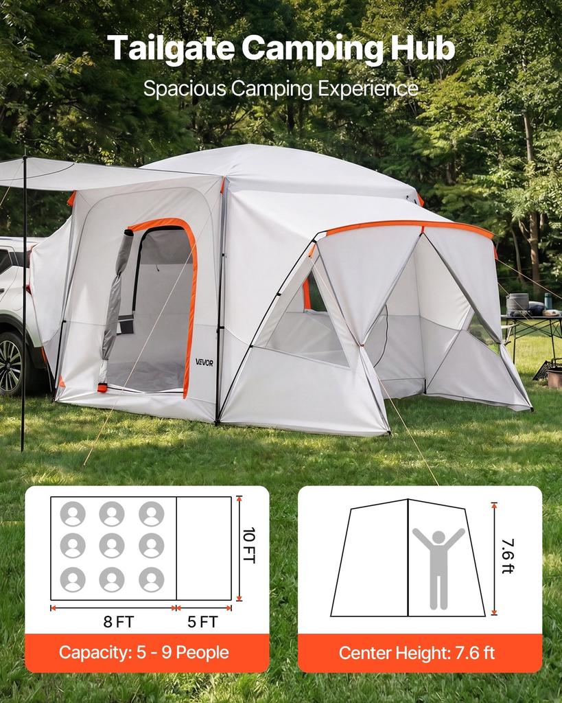 SUV Camping Tent for 5-9 Person, 3.96 x 3.05m 3-Season SUV Tailgate Tent with Ventilated Windows, PU2000mm Waterproof Dual-Use Car Rear Hatch Tents