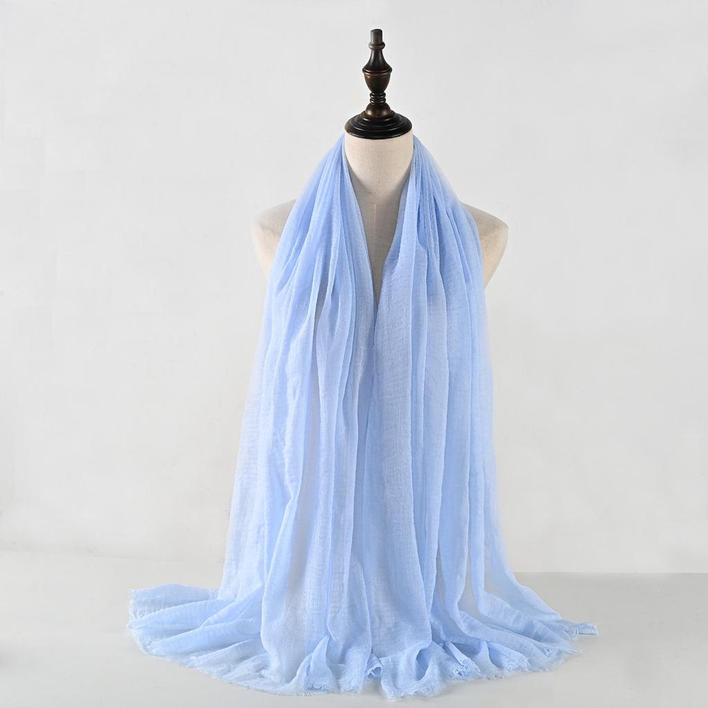 Crinkled Cotton-Linen Blend Scarf with Fringe - Solid Color, 90x180cm, Women's Headscarf