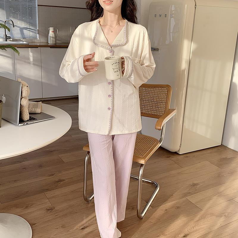 

T Spring and Autumn new knitted simple Korean version loose with chest pad set comfortable V-neck cardigan pajamas women s loungewear XXL