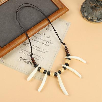 Wild Boar Tooth Necklace Men's and Women's Retro Personality Natural Wood Bead Tooth Pendant Long Pendant Tibetan Accessories