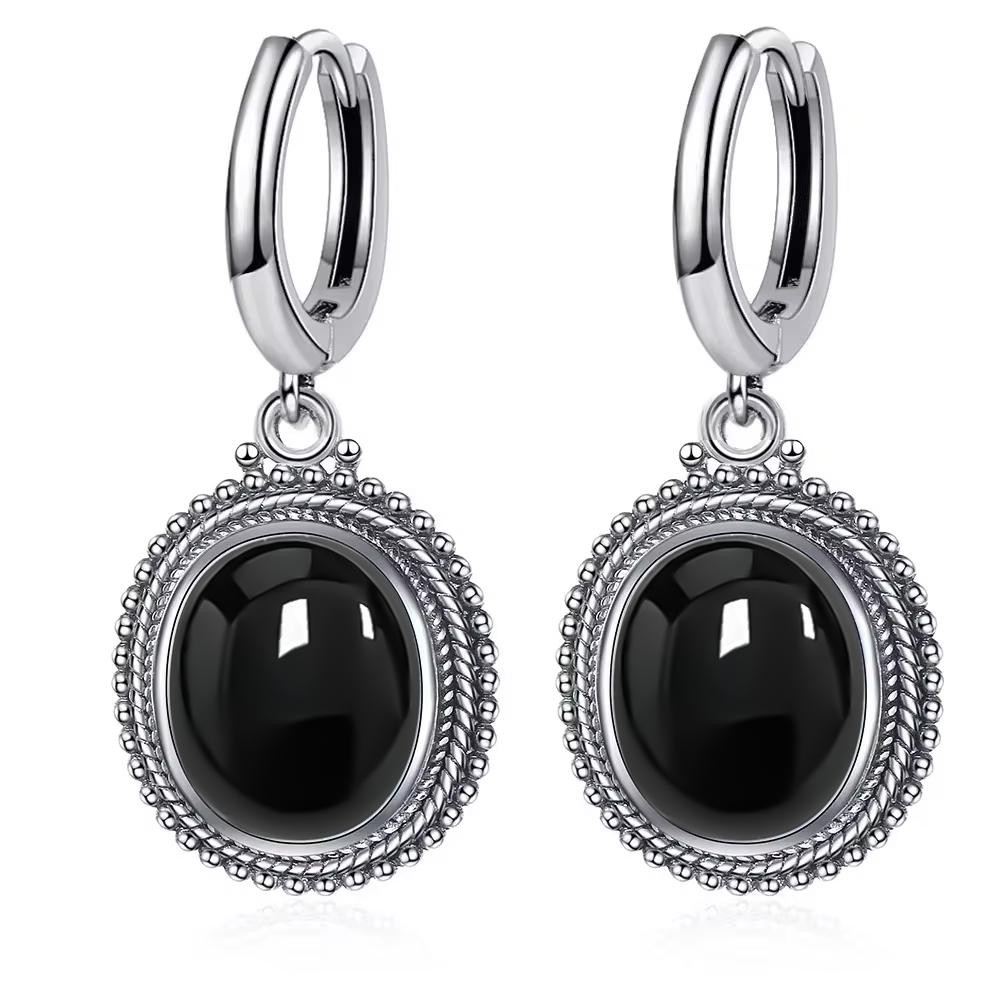 Vintage 925 Silver Natural Labradorite Earrings with Blue Light 10*12mm Big Stone Hoop Earrings Fine Jewelry for Women