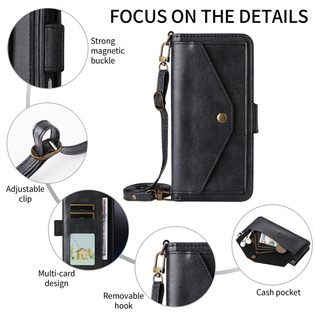 For Honor 400 5G (Global) Leather Case Magnetic Closure Wallet Stand Phone Cover with Crossbody Strap