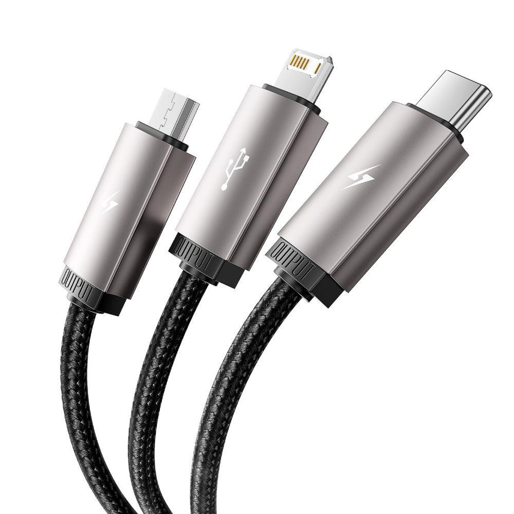 Kabel przewód 3w1 USB-A - Lightning / USB-C / micro USB 1m - szary