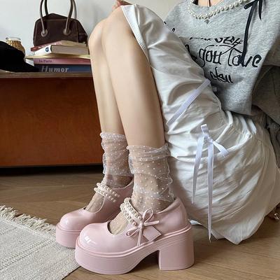 Women's Lolita Style Shoes 2025 French One Pearl Bow Round Toe Chunky Heel Mary Jane Shoes High-heeled Thick-soled Women Shoes
