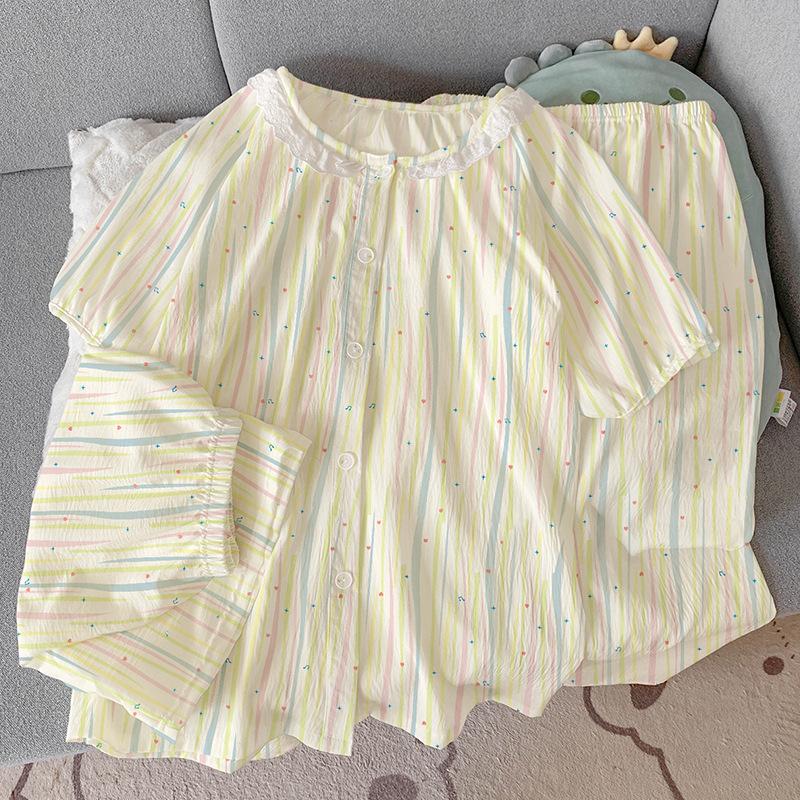 

Маленький свежий полосатый дизайн облачный хлопок круглый вырез кружевная пижама женская с коротким рукавом из трех предметов домашняя одежда M