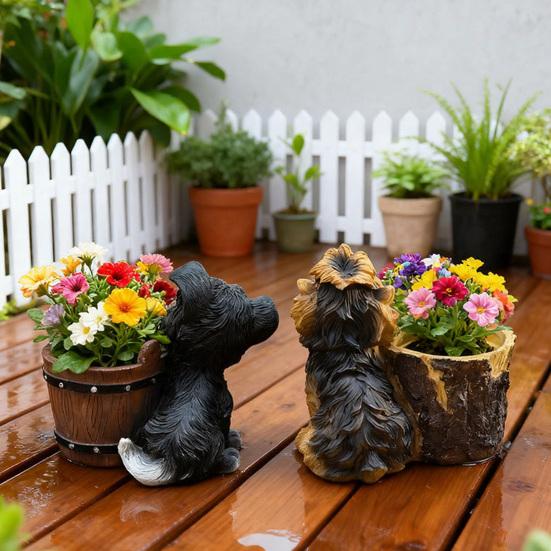Puppy Figurine Planter Pot Decorative Small Bucket Planter with Cartoon Dog Statue for Desktop Office Windowsill