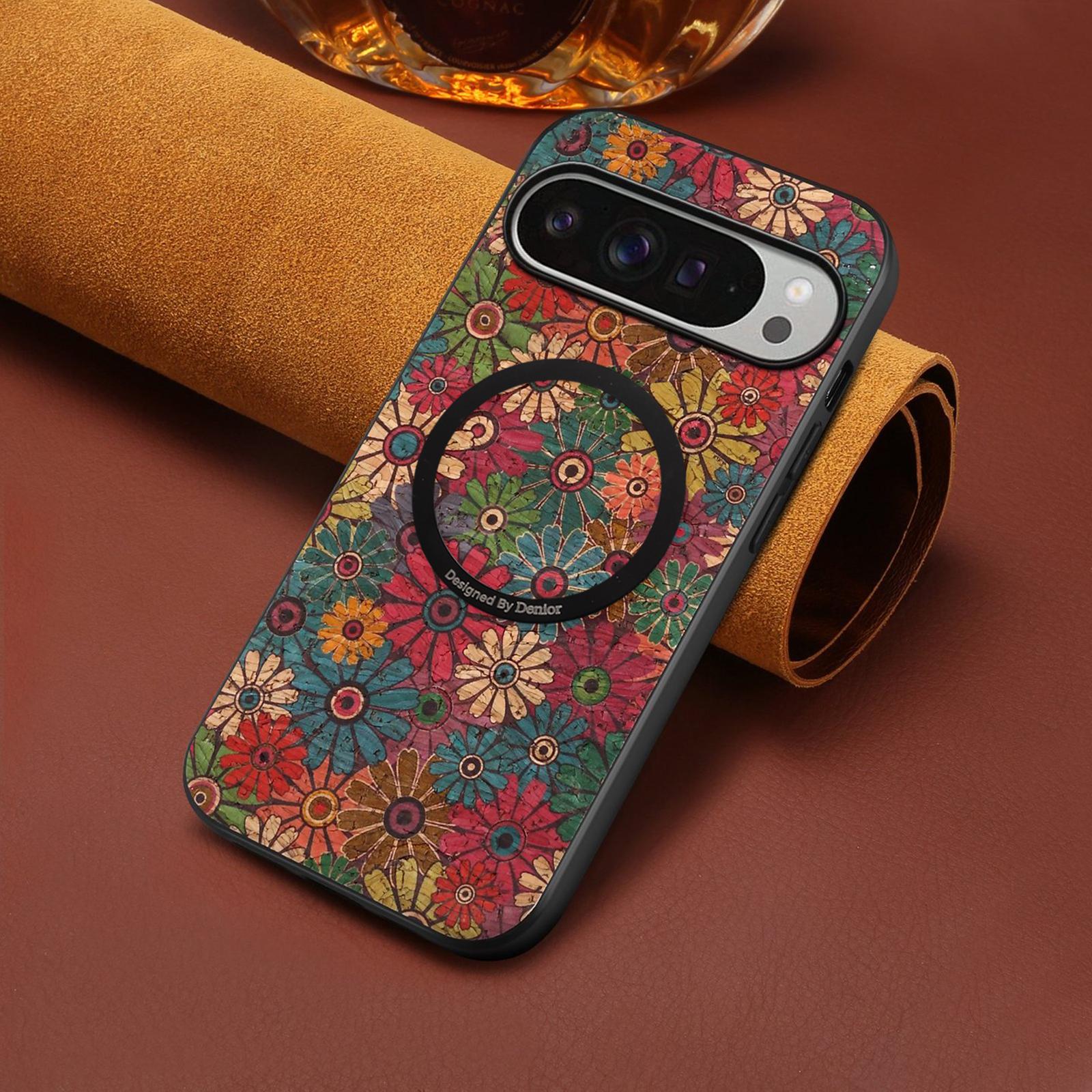 

Magnetic Phone Case for Google Pixel 10 Pro Xl 10A Pixel9 9A 8 8A 7 7A 6 6A Flower Design Cork Fabric Synthetic Leather Cover Google Pixel 10 Pro XL весной зеленый