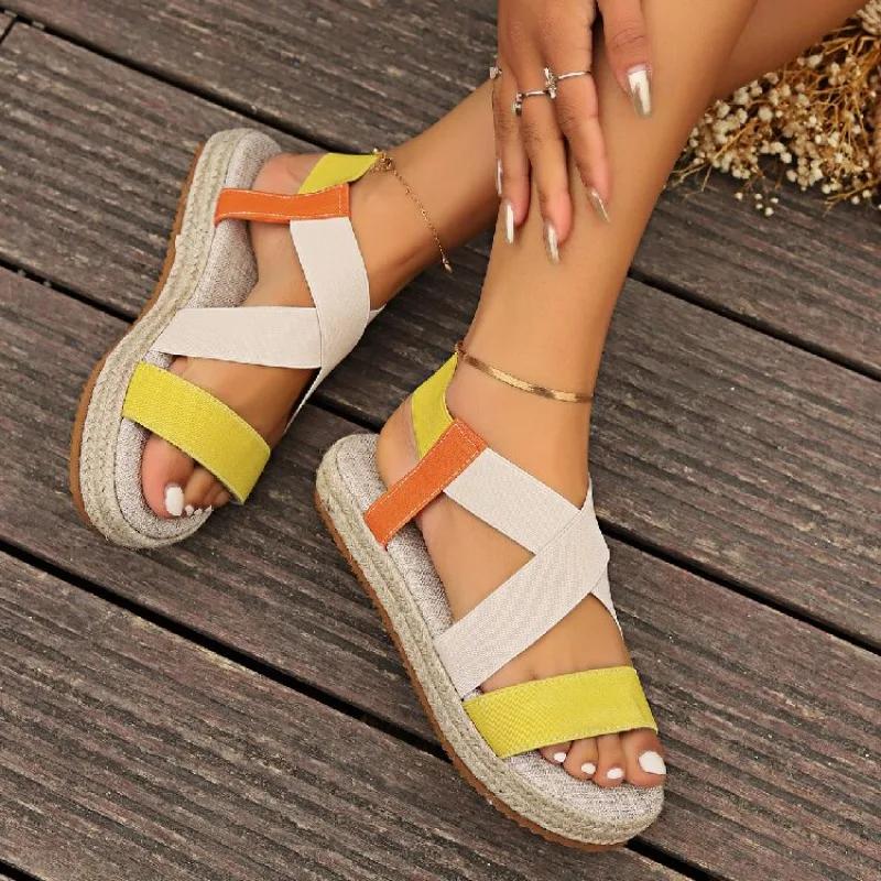 Large Size Hemp Rope Bottom Elastic Sleeve Casual Sandals for Women 2024 New Cross Shaped Roman Sandals