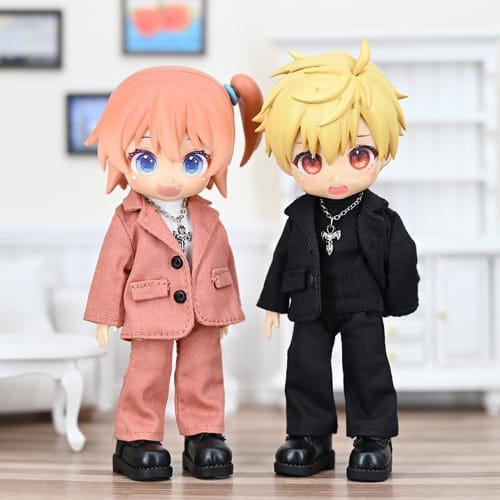 Obitsu 11 OB11 Size Outfit for Obitsu Dolls (11cm Body) Loose-Fitting Suit Set (Top and Bottoms, T-Shirt, Necklace) - 4-Piece Set (4 Colors) (Black A)