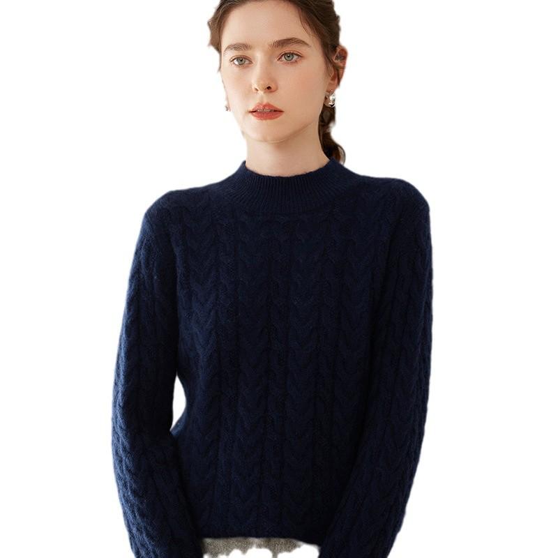 Women's High Neck Cable Knit Cashmere Sweater, Loose Fit, Solid Color, Thick Inner Layer for Autumn/Winter 2024