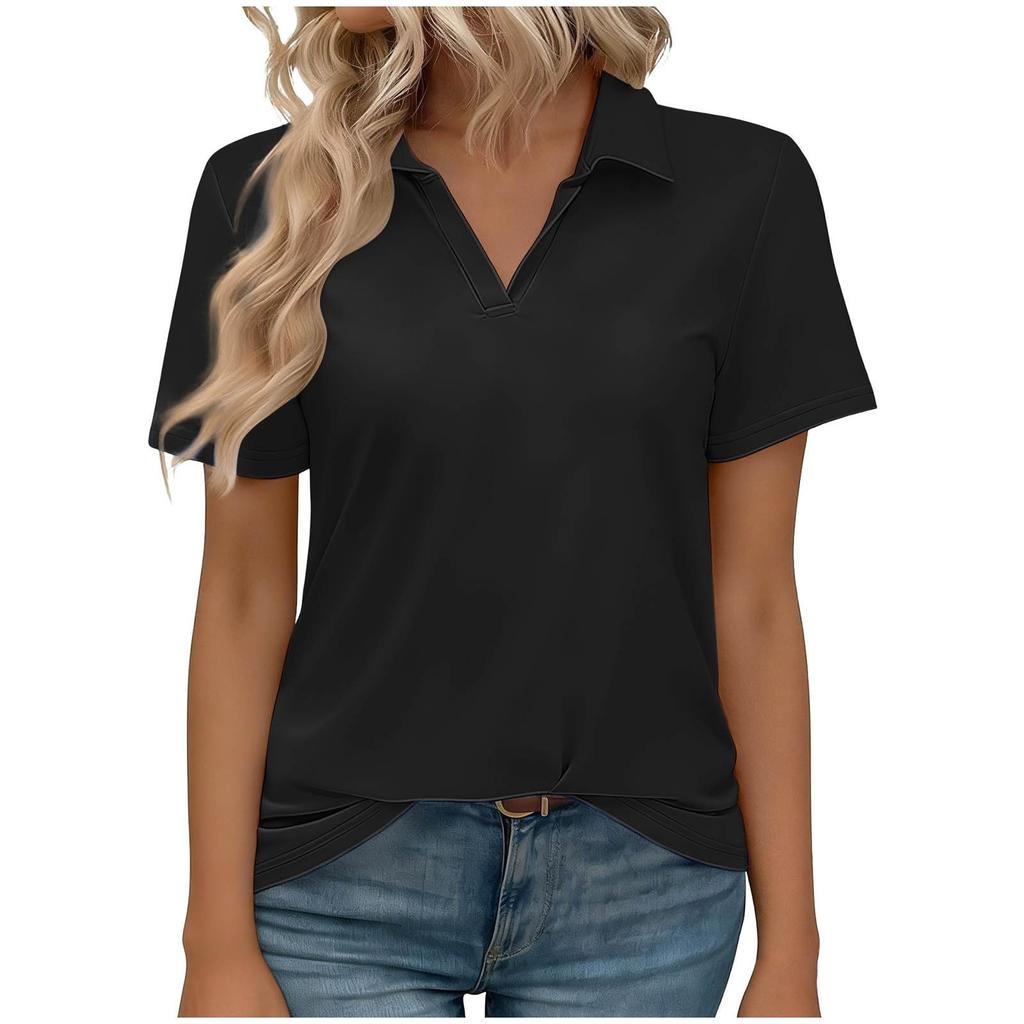 Women’s Short Sleeve Polo Collar V Neck Casual Loose Fit Basic T Shirt Soft Lightweight Top for Daily Wear Work School
