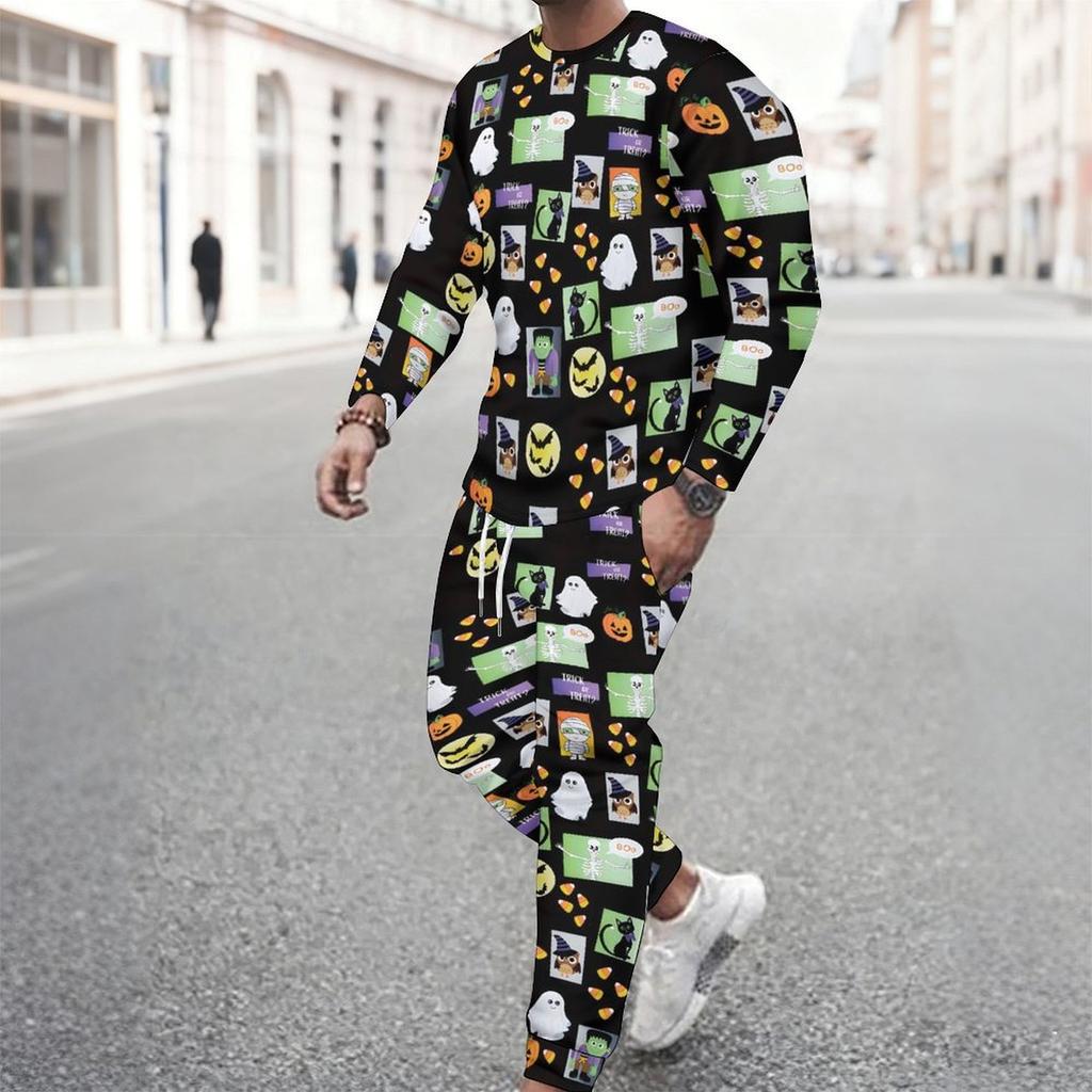 Men Black Base Farm Animal Pumpkin Sunflower Full Print Long Sleeve Sweatshirt Jogger Pants Two Piece Suit