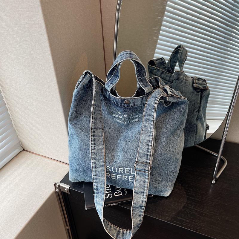 Korean Style Washed Denim Crossbody Tote – Large Capacity with Retro Letter Print (2025 Edition)