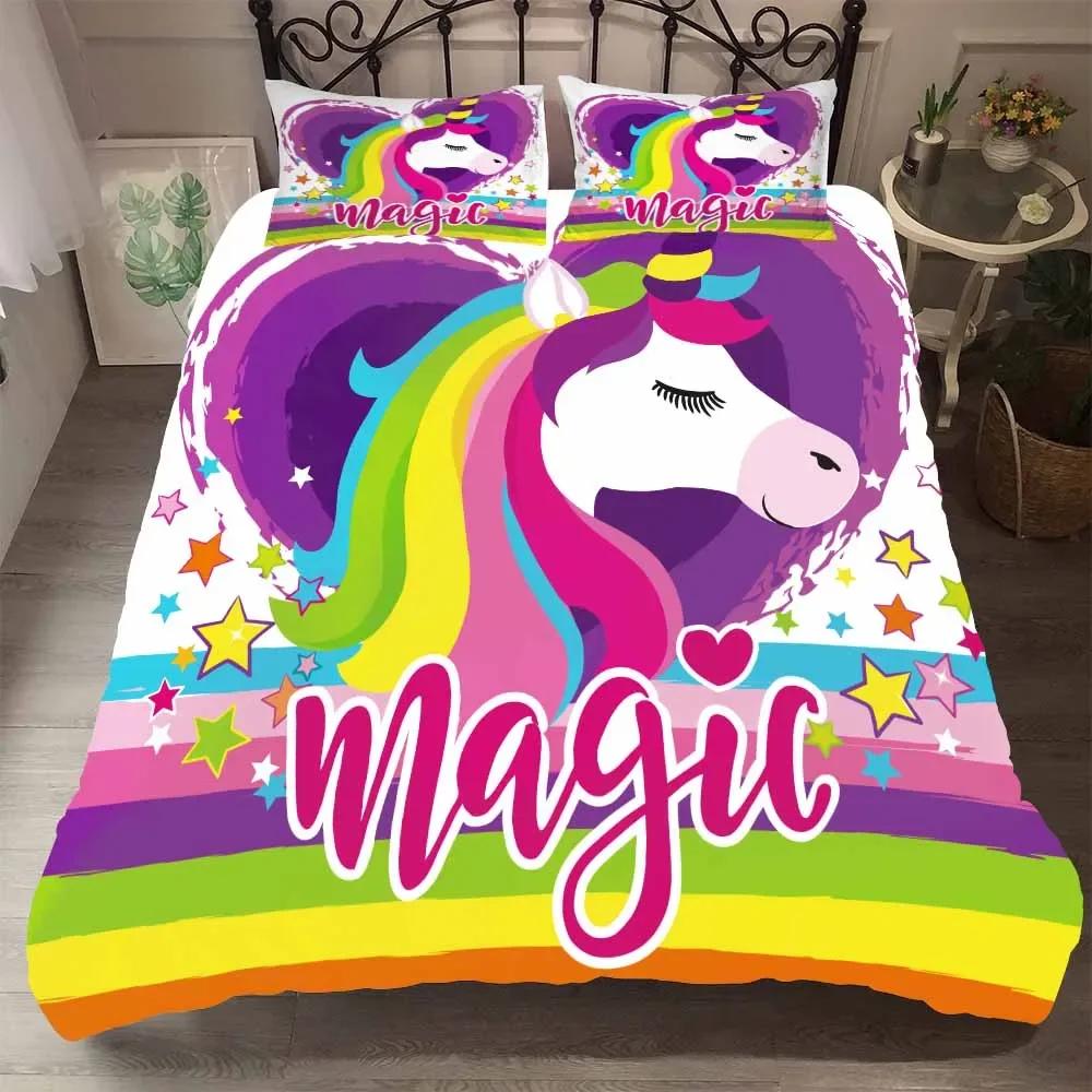 

Carton Pink Beding Sets 2/3 Pcs Soft with Soft Fabric Duvet Cover Set Pilowcases Stary Sky Rainbow Unicorns Beding Set for Girl EU Twin Single 100*200cm Single