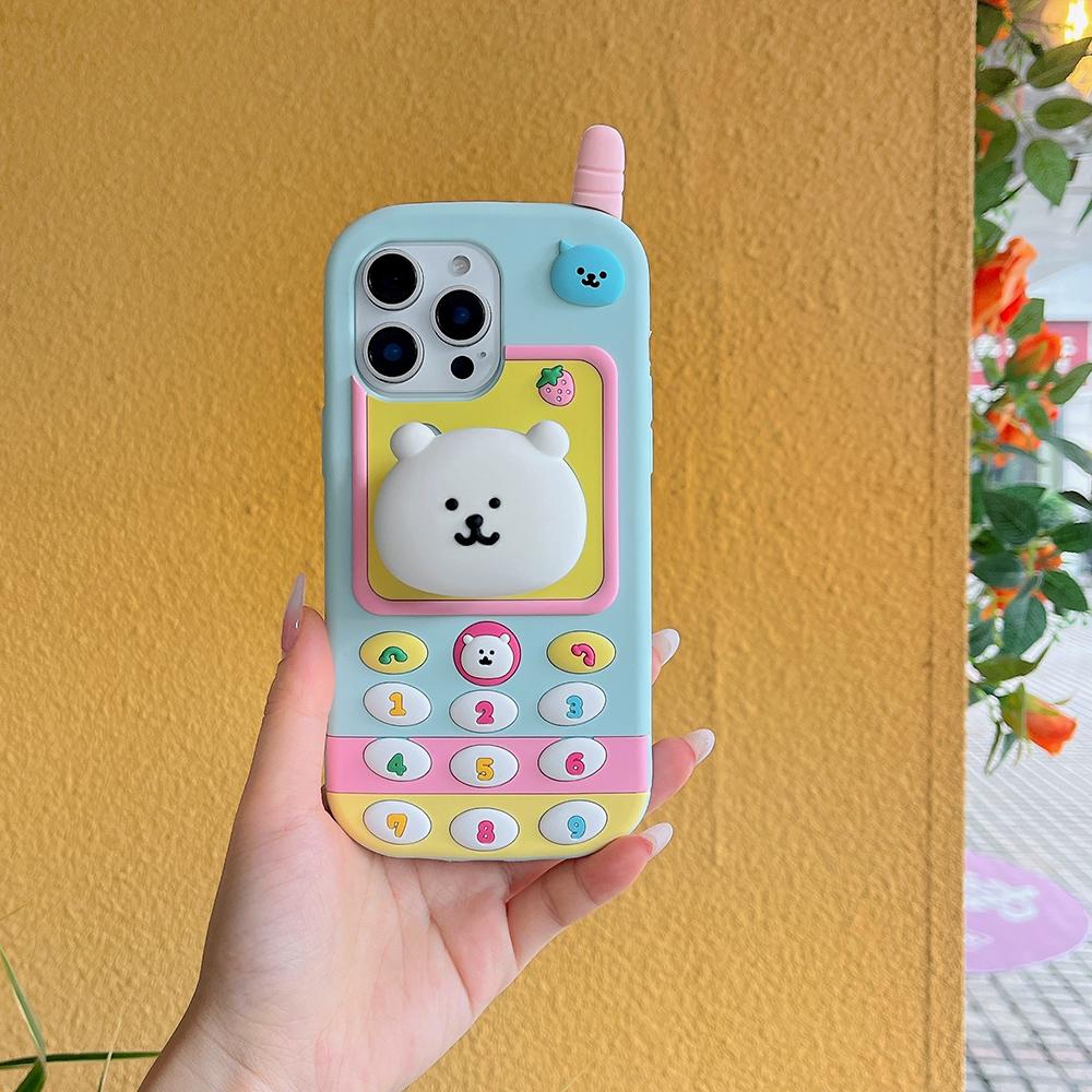 Kawaii 3D Cartoon Nagano Bear Telescopic Bracket Case For iPhone 17 16 15 14 13 12 Pro Max Soft Silicone Stand Holder Cover
