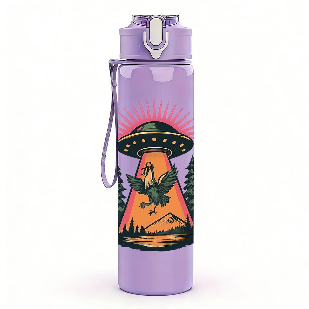 1PC UFO Mountain Retro Art 750ml Color Plastic Sports Water Bottle Leakproof Flip Straw Lid Suitable for Sports Office Home Use