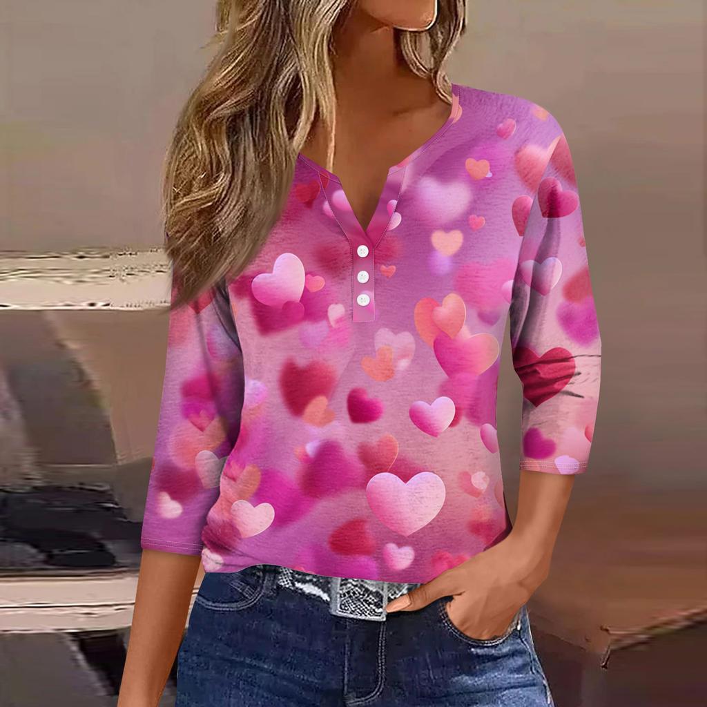 Damen Kragen Valentinstag Print Kurzarm T-Shirt Top