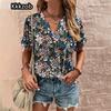 Crushed Flower Casual T Shirts Streetwear Casual Woman Topsshort Sleeve V Neck Tshirt Women's Fashions Loose Plus Size Clothing