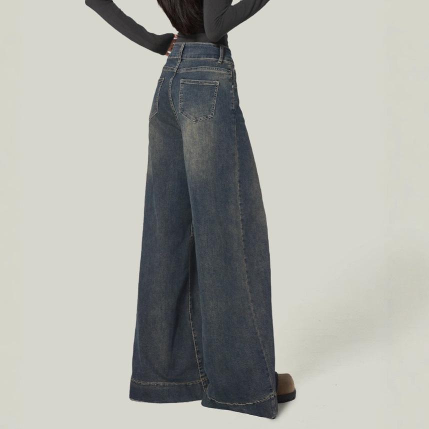 Women's High-Waisted Retro Blue Wide-Leg Jeans, Loose Fit, Good Drape, Floor-Length, Perfect for Spring/Autumn.
