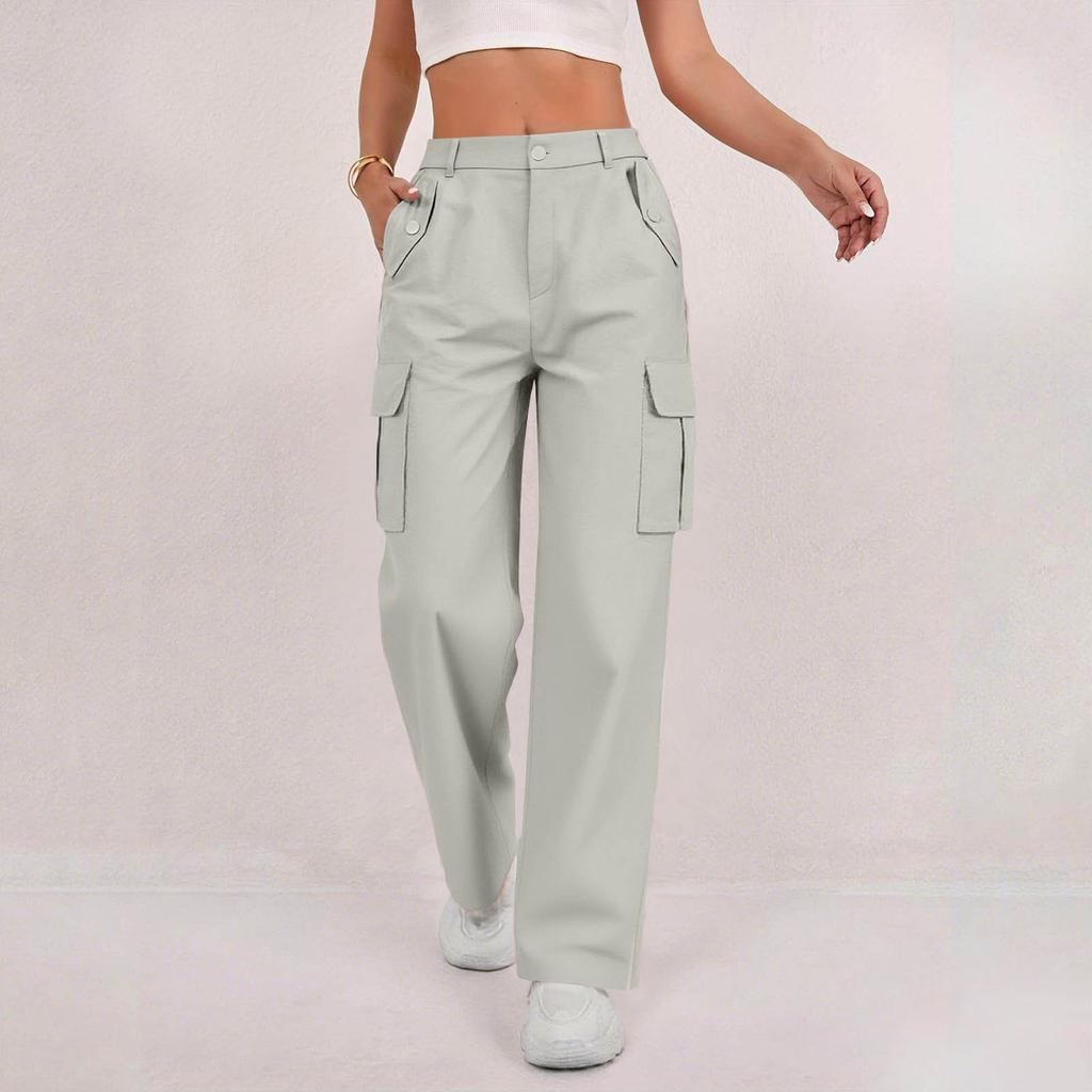 Women's Fashion Relaxed-Fit Pocket Straight-Leg Pants Sporty Wide-Leg Pants High-Waisted Casual Cropped Pants