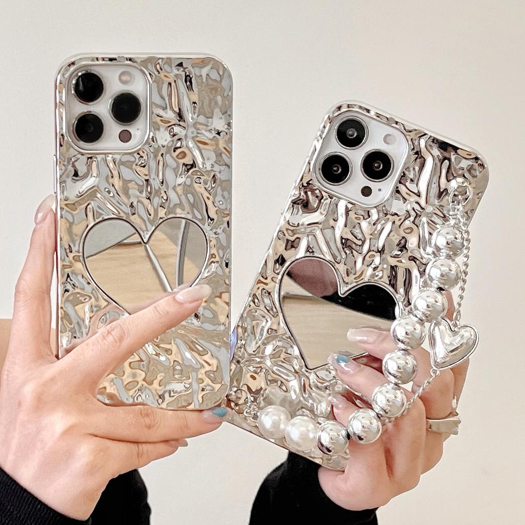 Niche INS Electroplated Heart Mirror Chain Compatible with iPhone 16 Apple 17 Pro Max Phone Case 15 for Women 14