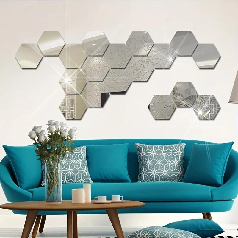 12 buc. Oglindă hexagonală din acril, autocolant de perete 3D, oglindă pentru decorarea casei, oglindă detașabilă DIY pentru ornamente de artă pentru camera de zi