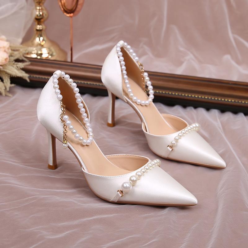 Fashion New Summer Women'S Sandals With Slender Heels, Pointed Heads Champagne-Colored Silk Fashionable Korean Style Autumn Backheel Hig