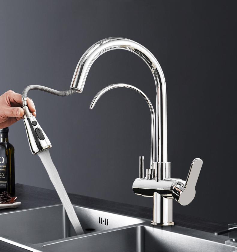 Matte Black Kitchen Faucet with Pure Water Function Dual Handle Tap Deck Mounted 360 Rotation Pull Out Hot Cold Mixer Taps