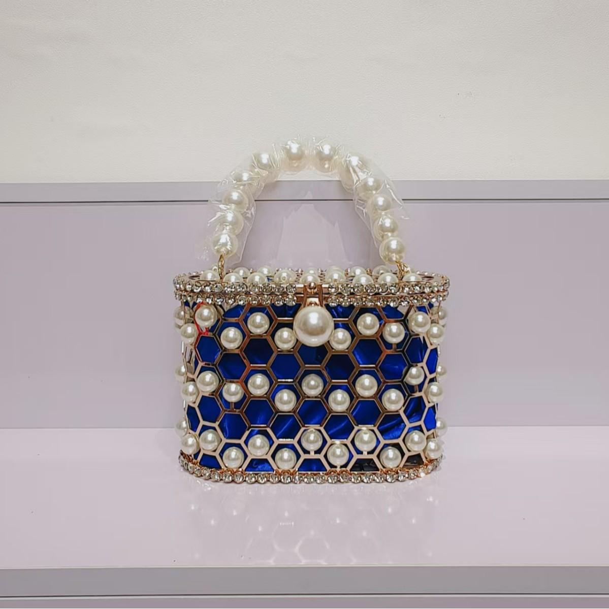 handmade diamond-encrusted flower vegetable basket metal dinner party hollow diamond rhinestone clutch messenger bag синий