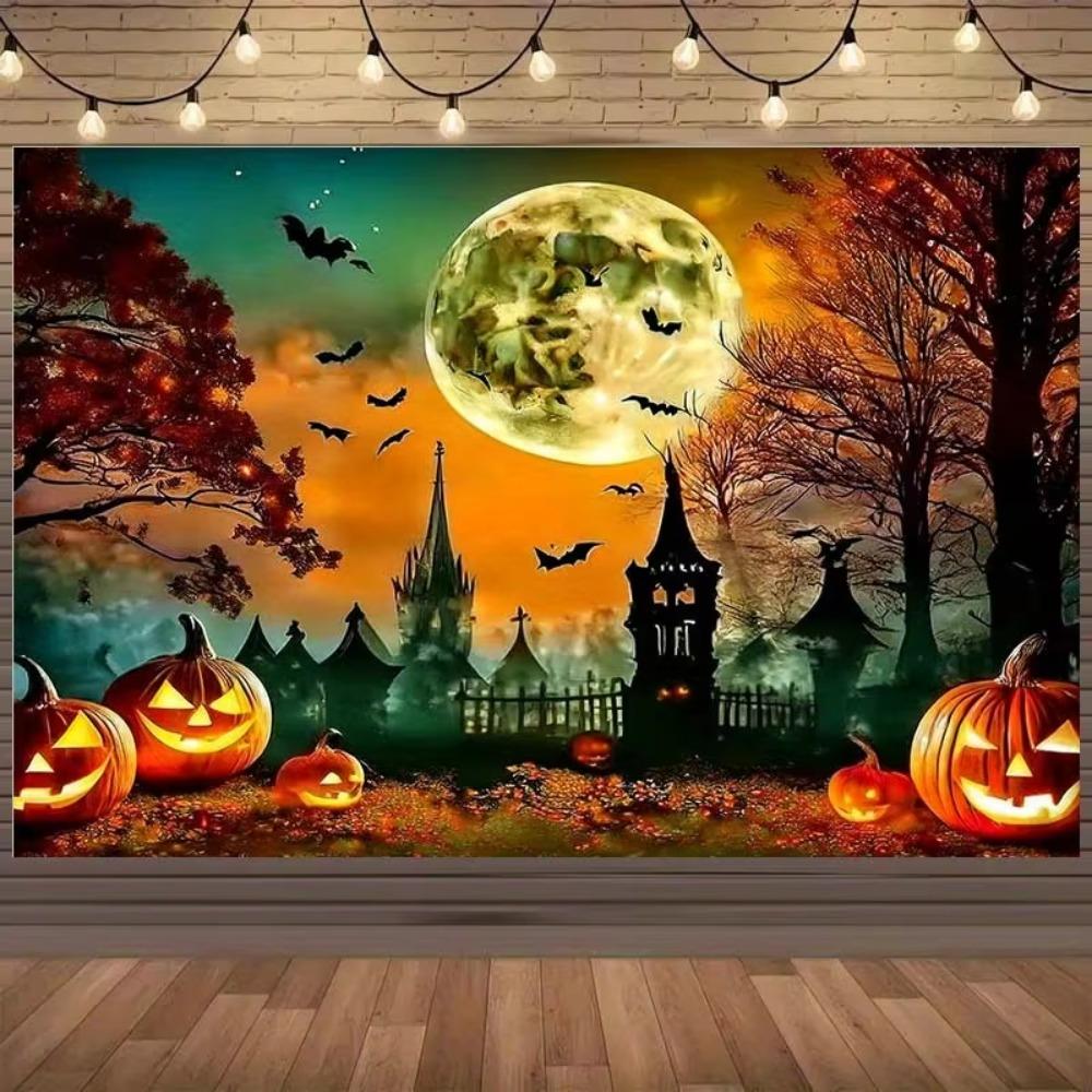 Halloween Lantern Bat Full Moon Autumn Tree Theme Banner Background Birthday Party Home Decoration Photography Backdrop Cloth