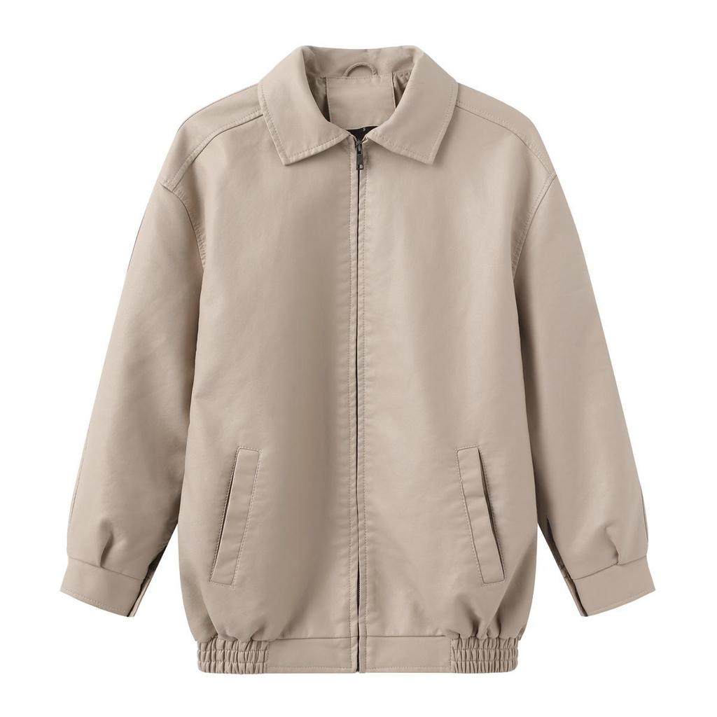 Fall Winter Women Lapel Collar Long Sleeve Slim Fit Zipper Pu Leather Jacket