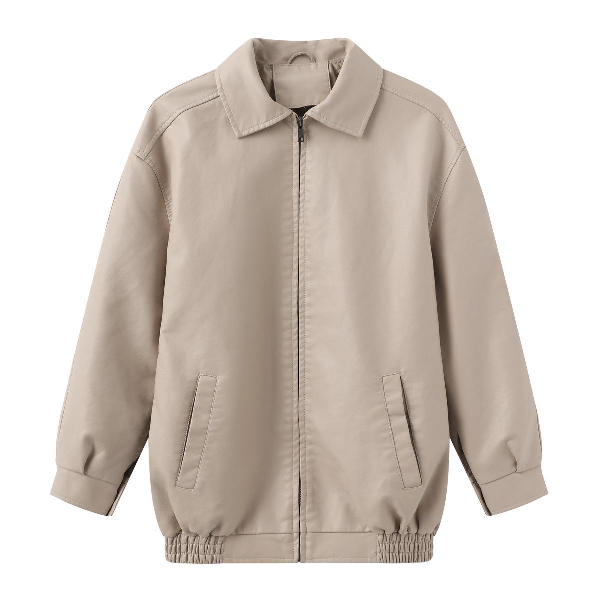 

Осень-зима Женская приталенная куртка из искусственной кожи с воротником-лацканами и длинным рукавом на молнии XXL бежевый