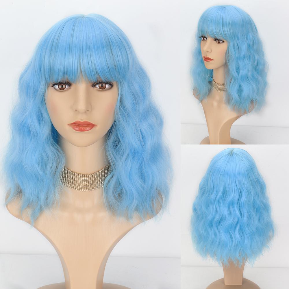MISS WIG Short Bob Wavy Synthetic Wig For Women With Bangs Blonde Ombre Medium Wig Heat Resistant Fiber Hair Party Cosplay