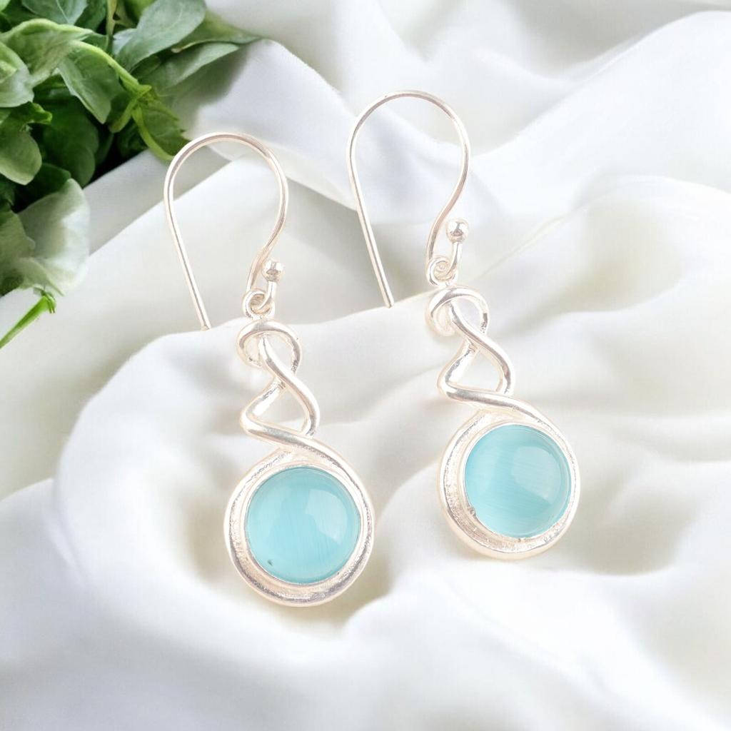 Attractive Blue Cat's Eye Gemstone 925 Sterling Silver Earrings For Women's1.67" CE-14-34