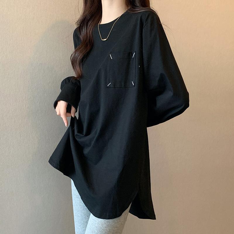 

Футболка свободного кроя с длинными рукавами и карманом средней длины для женщин, весна-осень, новая свободная рубашка с завязками на пуговицах L