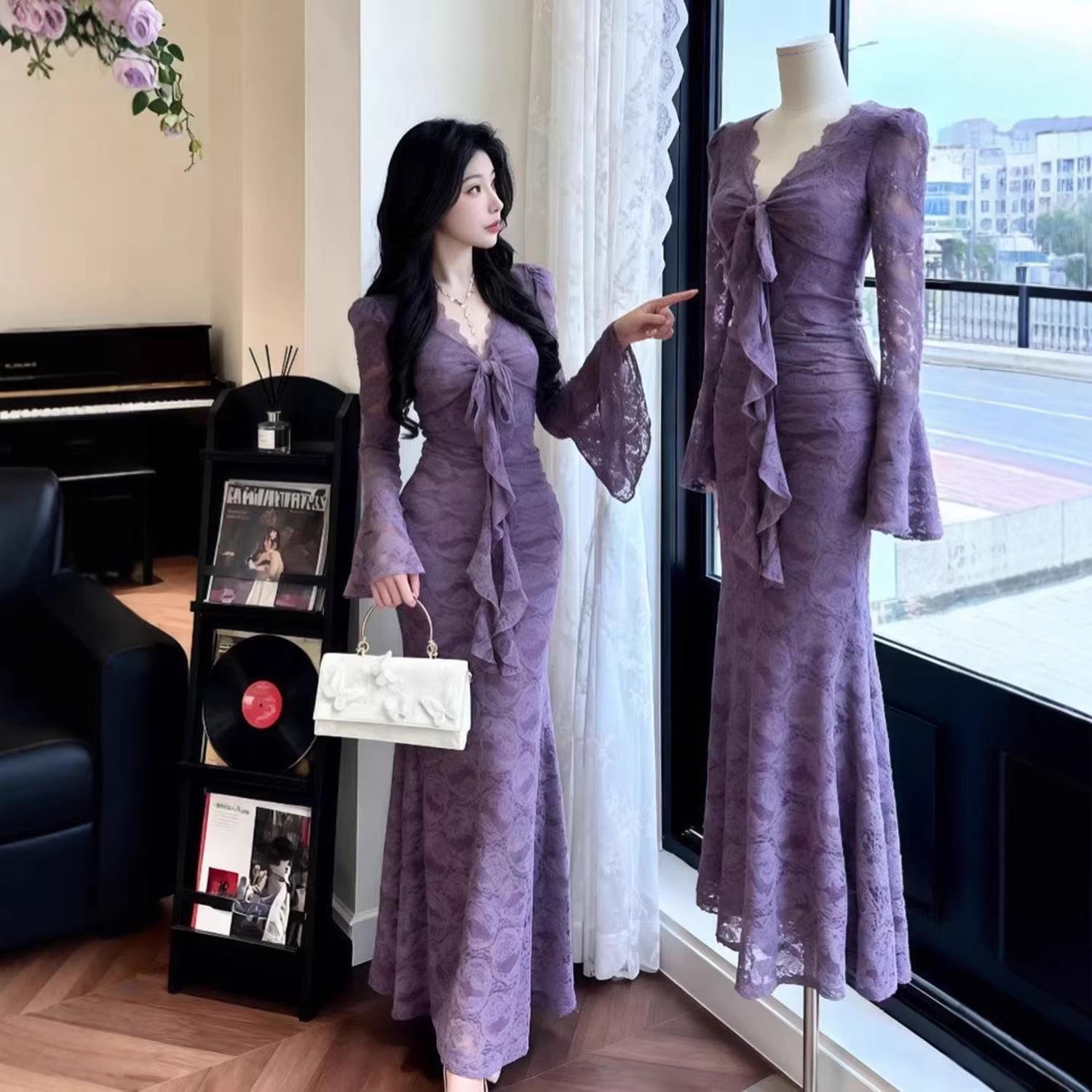 

Korean Style Elegant Bowknot Patchwork Long Dress with Zipper and Flare Sleeves Medium фіолетовий