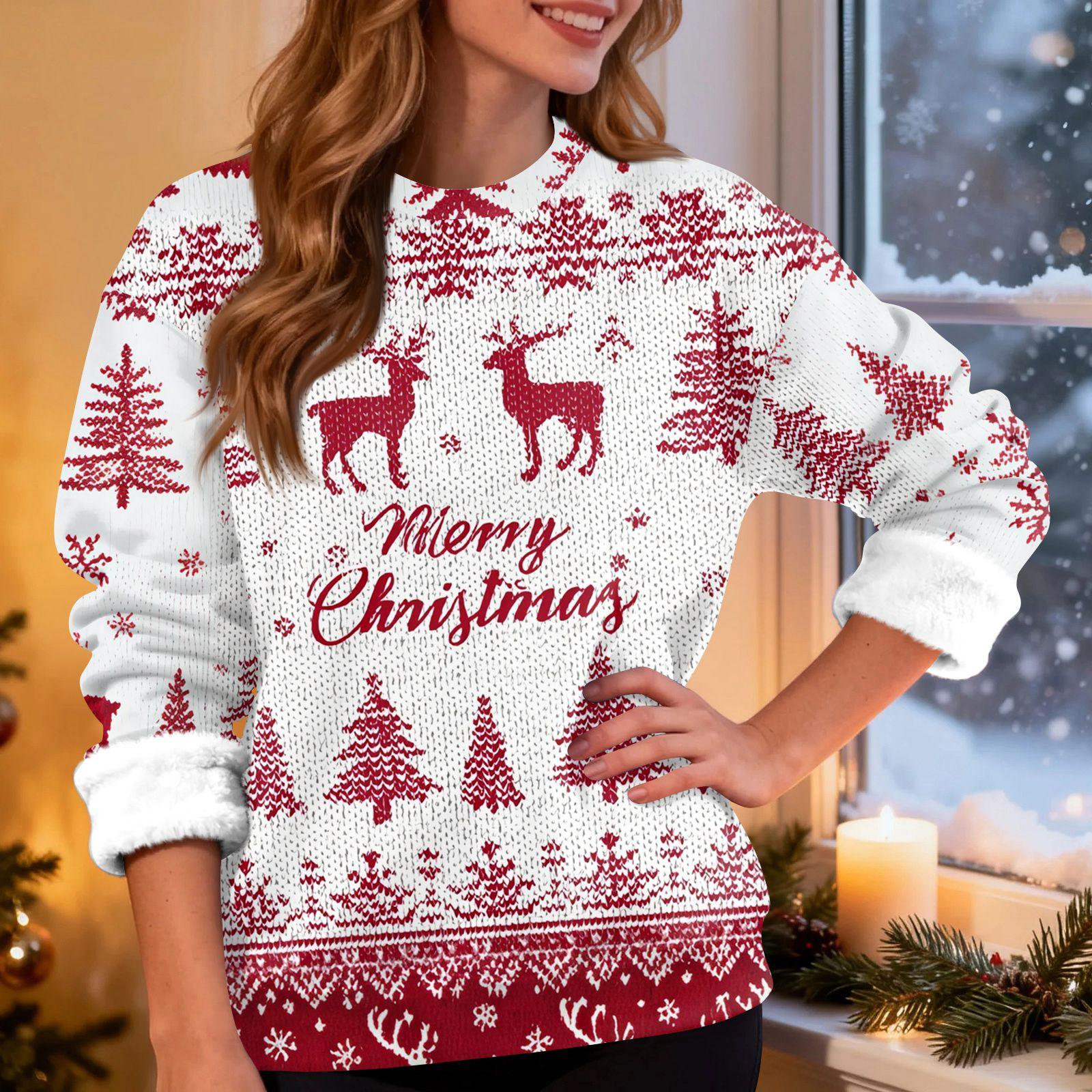 

Женская модная повседневная толстовка с длинным рукавом и круглым вырезом с рождественским принтом XL белый