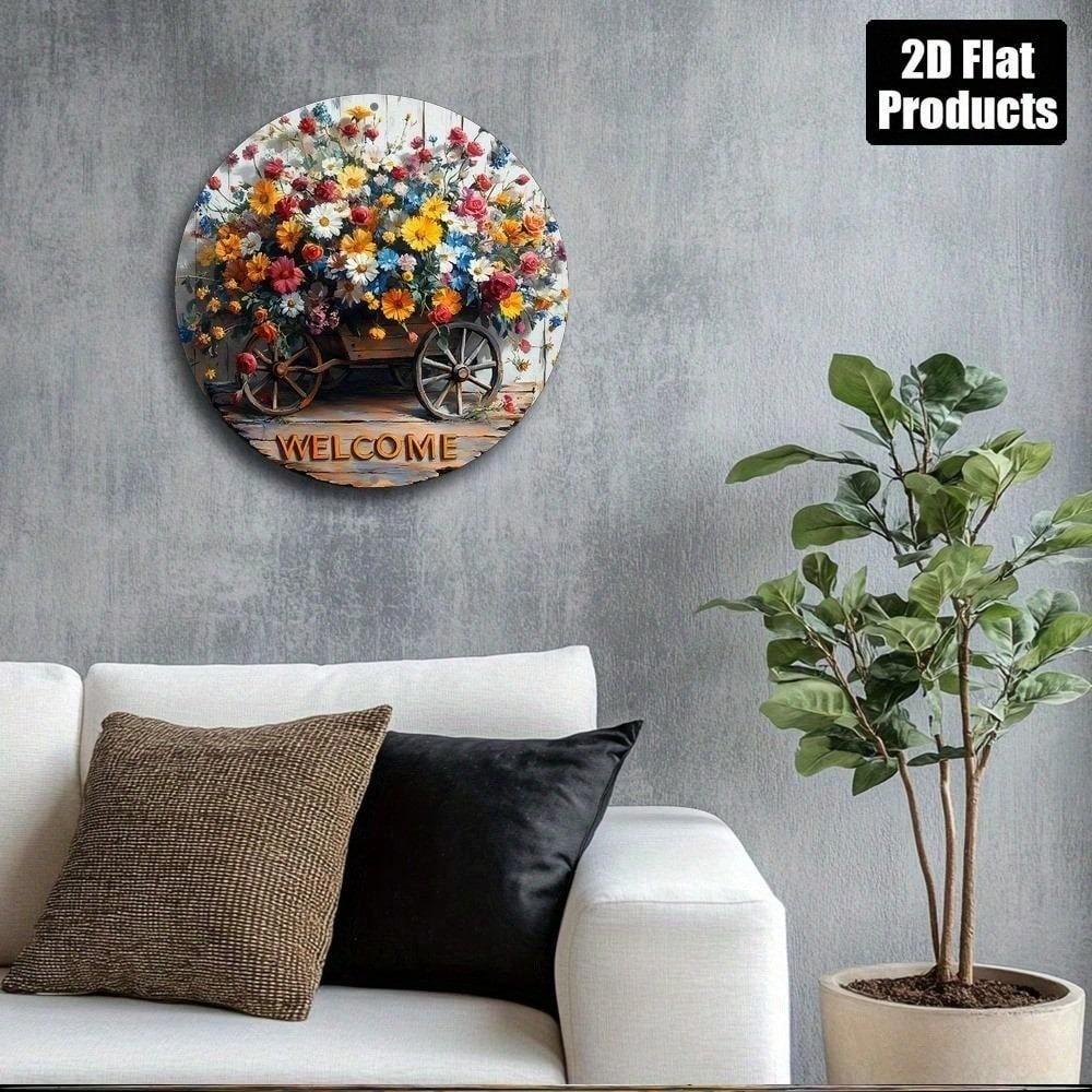 Vintage Garden Wheelbarrow Welcome Sign Rustic Round Aluminum Wall Decor 8 Inch Colorful Floral Home Kitchen Decor