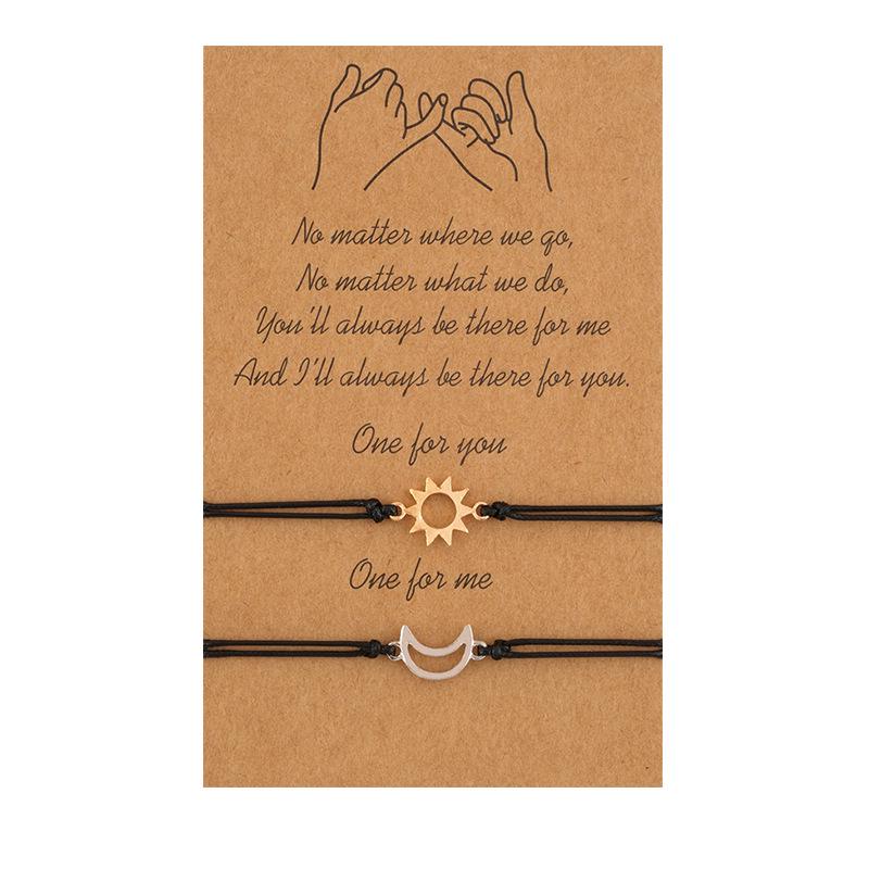 Sun & Moon Adjustable Wax Cord Bracelet - Alloy, Woven, Couple's Jewelry