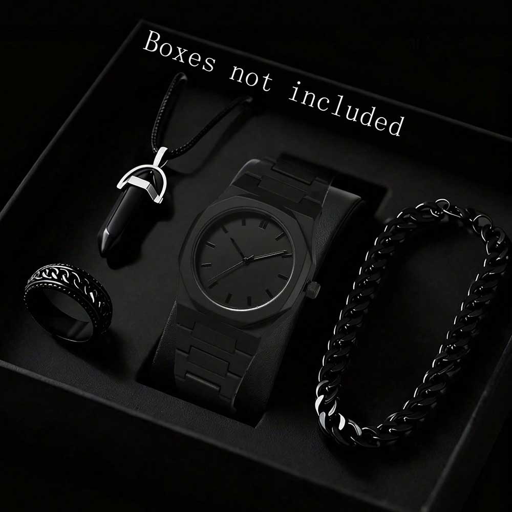 

4PCP Plastic Strap Men Watch Set Trendy and Fashionable Quartz Watch Bracelet Necklace Ring Set Suitable for Daily Wear Matching чорний